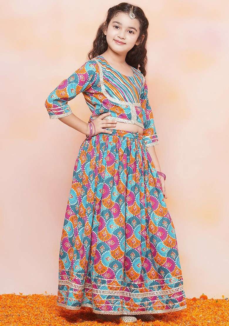 Pink Printed Cotton Blend Lehenga Choli For Girls - Indya