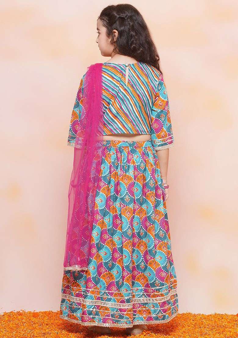 Pink Printed Cotton Blend Lehenga Choli For Girls - Indya