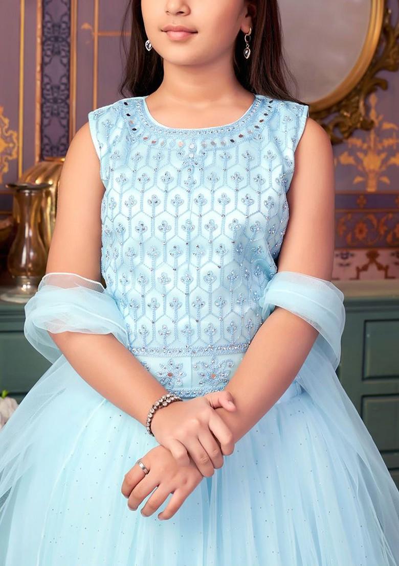 Turquoise Blue Embroidered Blended Lehenga Choli For Girls - Indya