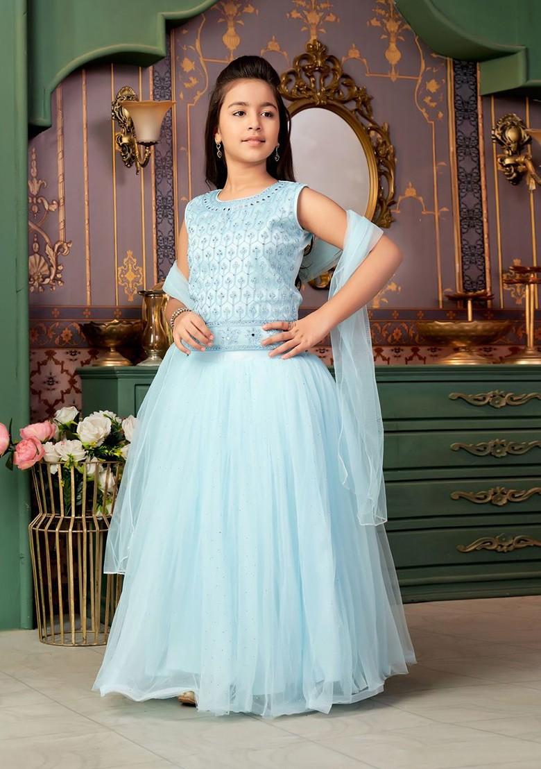 Turquoise Blue Embroidered Blended Lehenga Choli For Girls - Indya