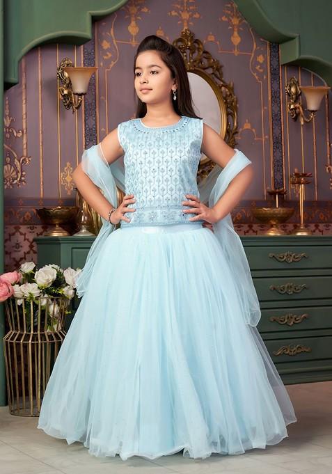 Turquoise Blue Embroidered Blended Lehenga Choli For Girls