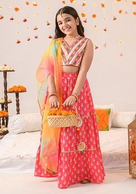 Magenta Embellished Blended Lehenga Choli For Girls
