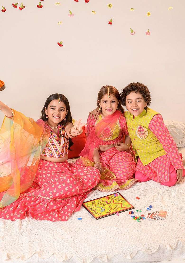 Magenta Embellished Blended Lehenga Choli For Girls - Indya