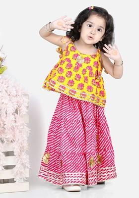 Yellow Printed Blended Lehenga Choli For Girls