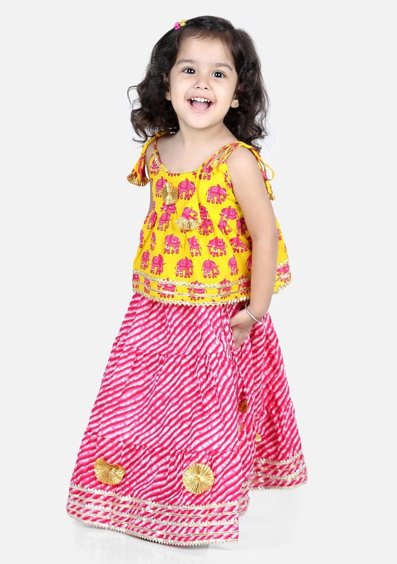 Yellow Printed Blended Lehenga Choli For Girls - Indya