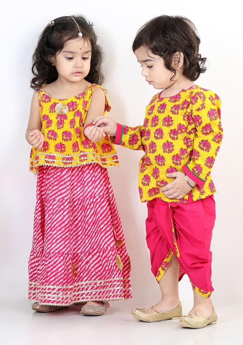 Yellow Printed Blended Lehenga Choli For Girls - Indya