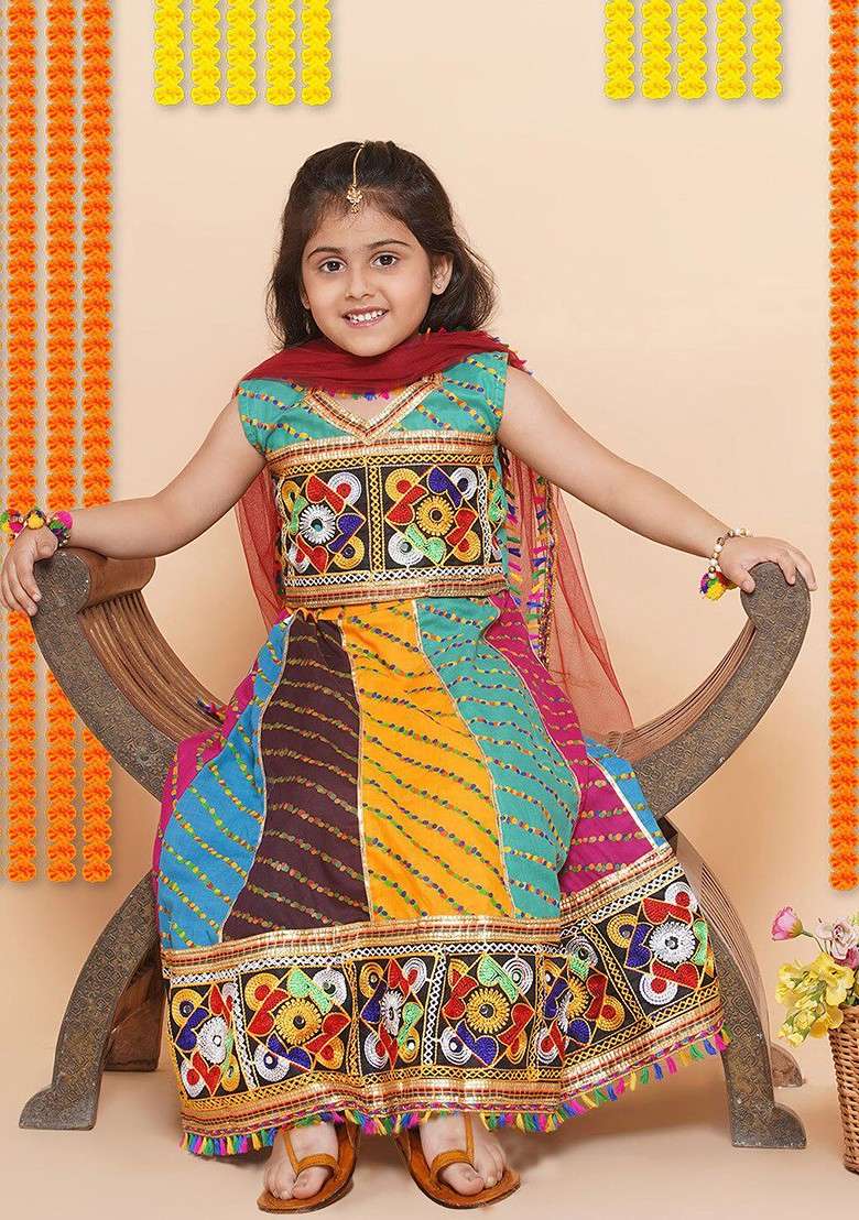 Sea Green Embroidered Blended Lehenga Choli For Girls - Indya