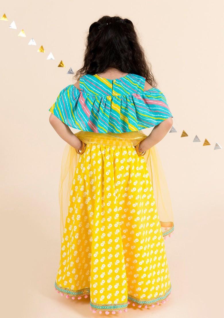 Yellow Printed Blended Lehenga Choli For Girls - Indya