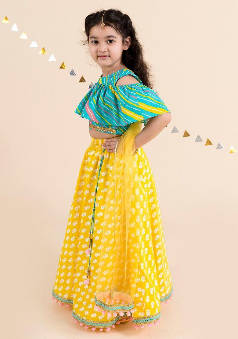 Yellow Printed Blended Lehenga Choli For Girls - Indya