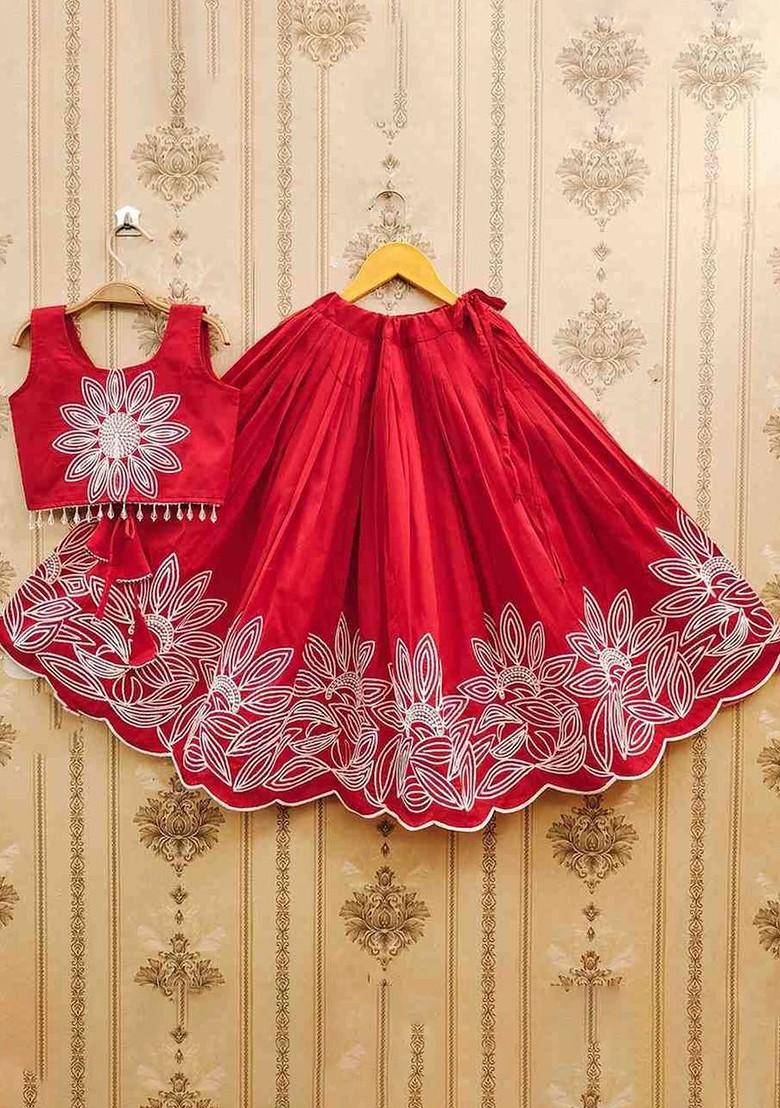 Red Embroidered Blended Lehenga Choli For Girls - Indya
