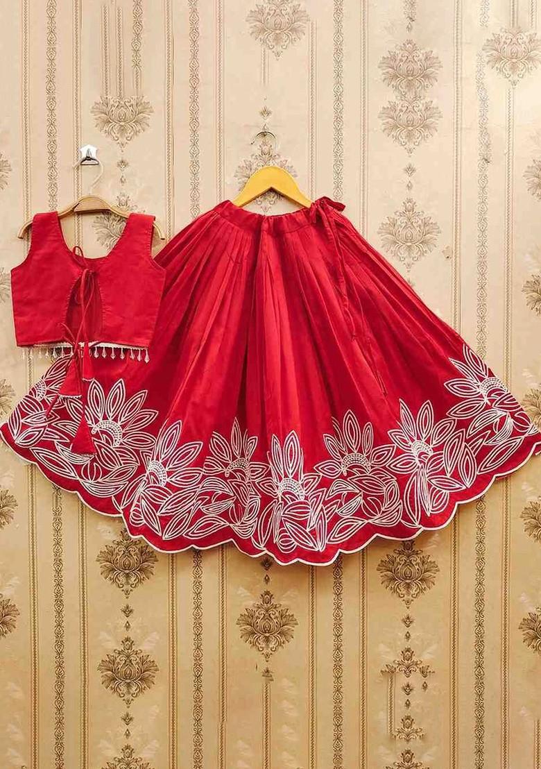 Red Embroidered Blended Lehenga Choli For Girls - Indya