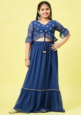 Blue Printed Blended Lehenga Choli For Girls