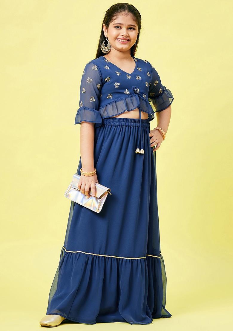 Blue Printed Blended Lehenga Choli For Girls - Indya