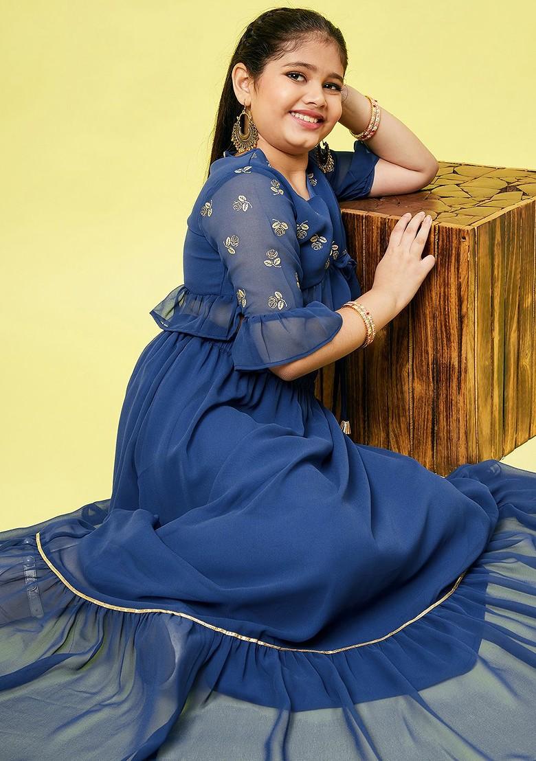 Blue Printed Blended Lehenga Choli For Girls - Indya