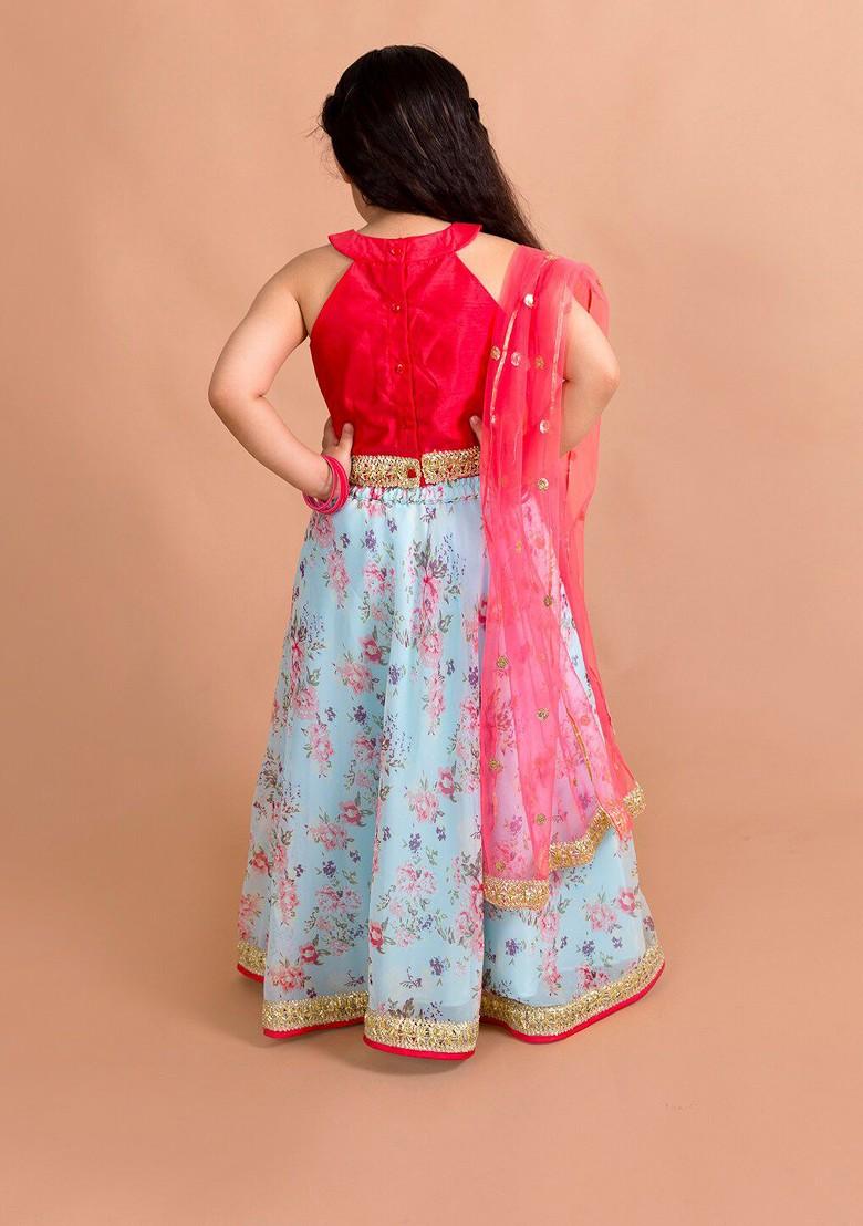 Blue Embroidered Blended Lehenga Choli For Girls - Indya