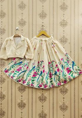 Off White Printed Blended Lehenga Choli For Girls