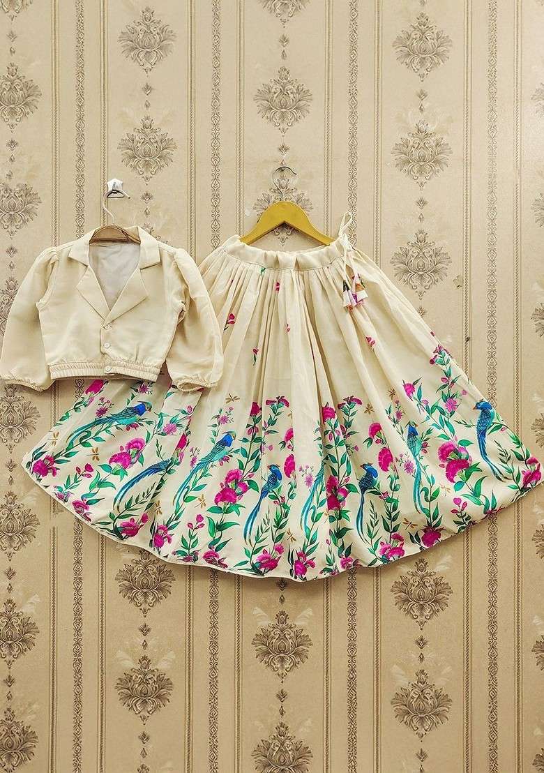 Off White Printed Blended Lehenga Choli For Girls - Indya