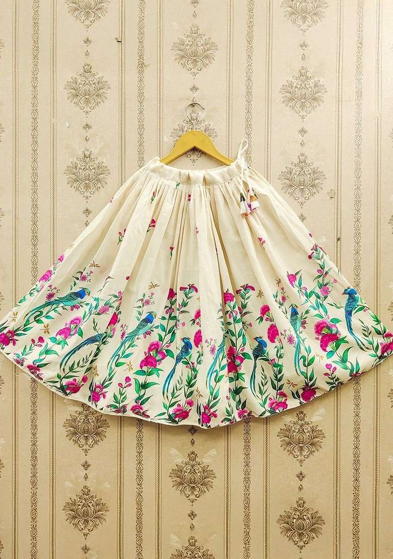 Off White Printed Blended Lehenga Choli For Girls - Indya