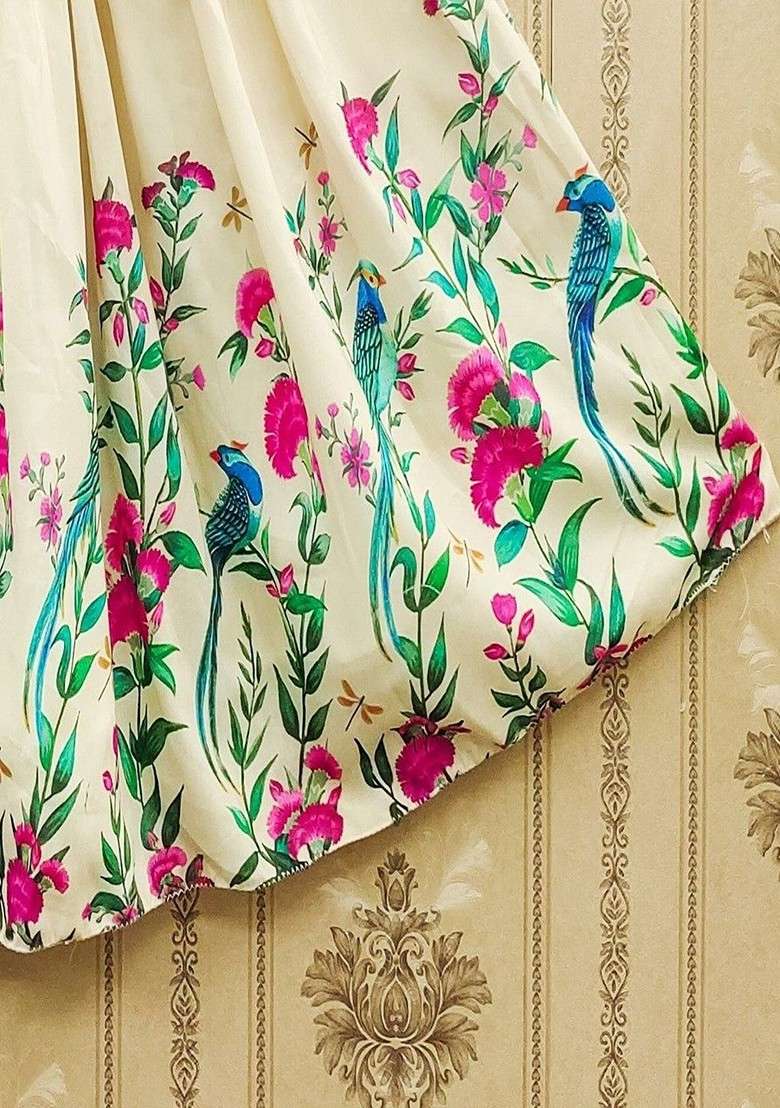 Off White Printed Blended Lehenga Choli For Girls - Indya