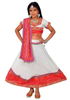 Red Embroidered Cotton Blend Lehenga Choli For Girls