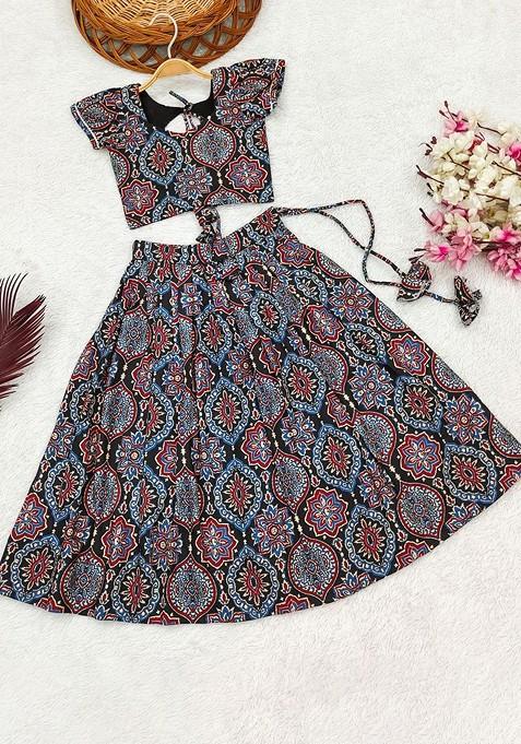 Black Printed Blended Lehenga Choli For Girls — view on Indya