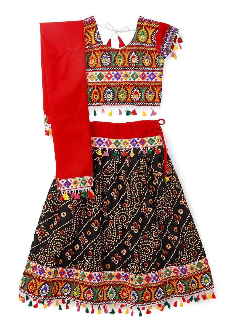 Black Embroidered Cotton Blend Lehenga Choli For Girls - Indya