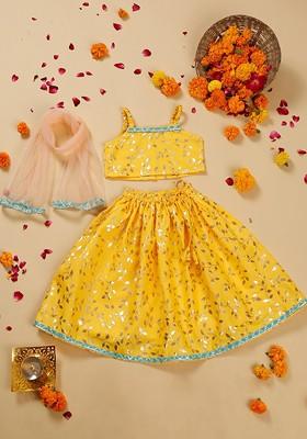 Yellow Printed Blended Lehenga Choli For Girls