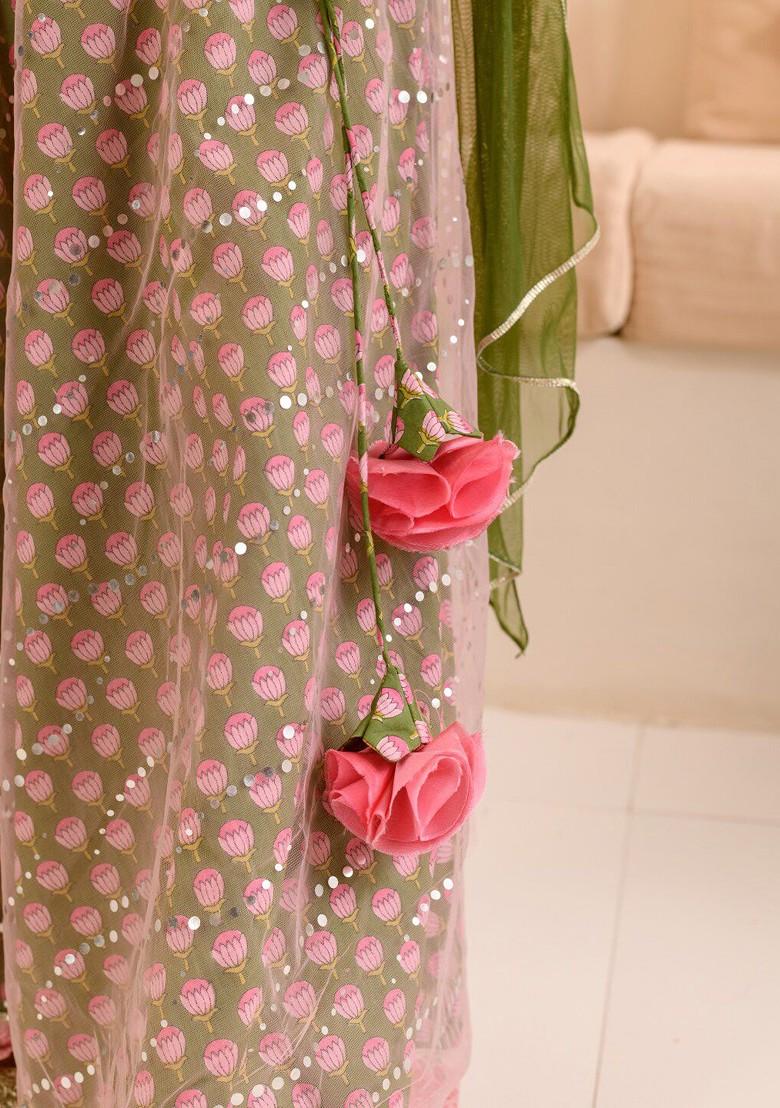 Green Embroidered Blended Lehenga Choli For Girls - Indya