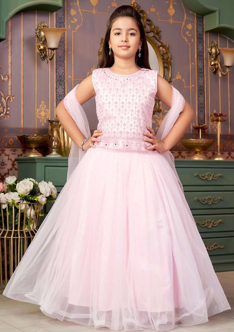 Pink Embroidered Net Lehenga Choli For Girls - Indya