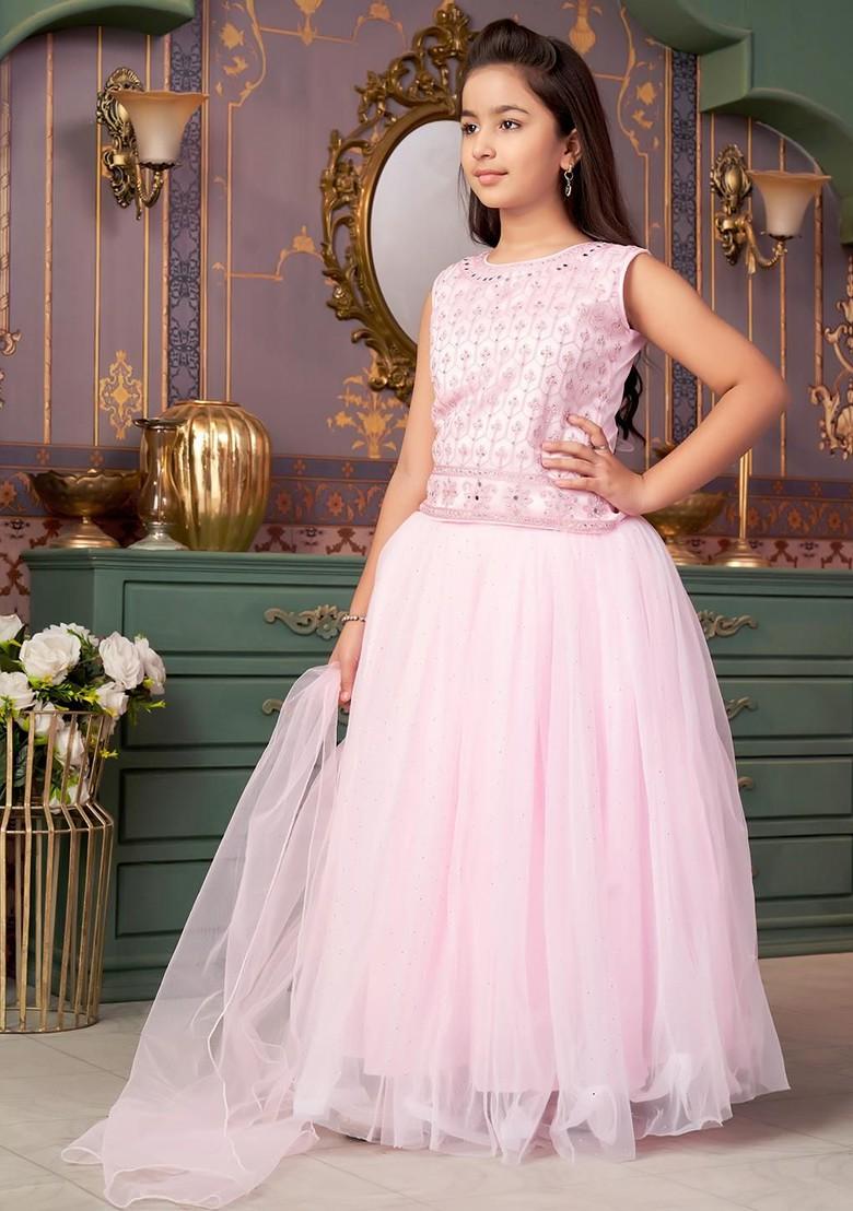 Pink Embroidered Net Lehenga Choli For Girls - Indya