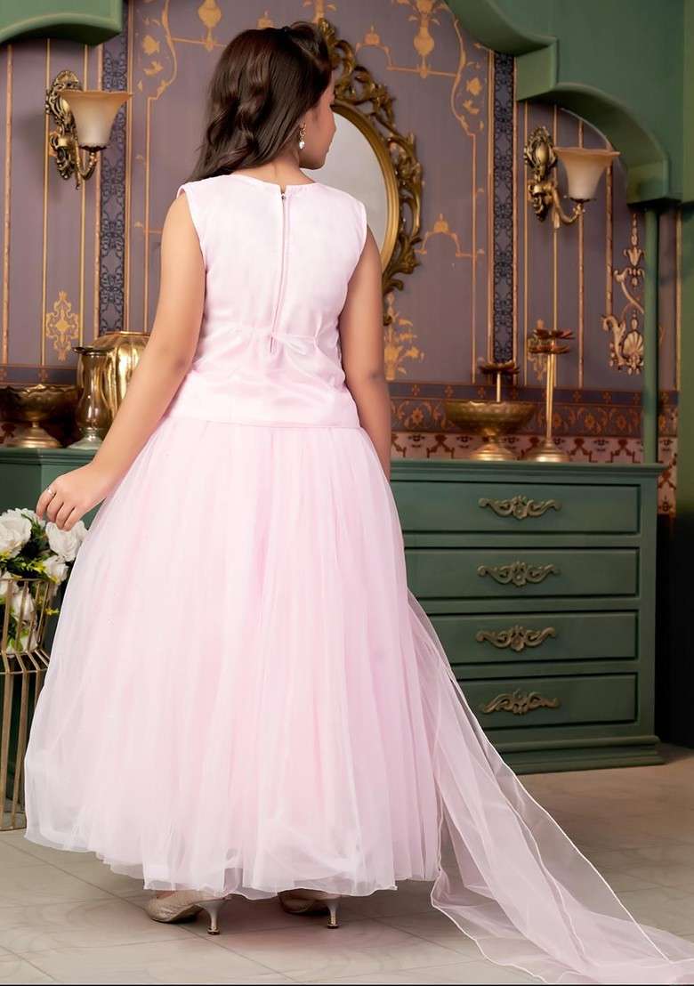 Pink Embroidered Net Lehenga Choli For Girls - Indya