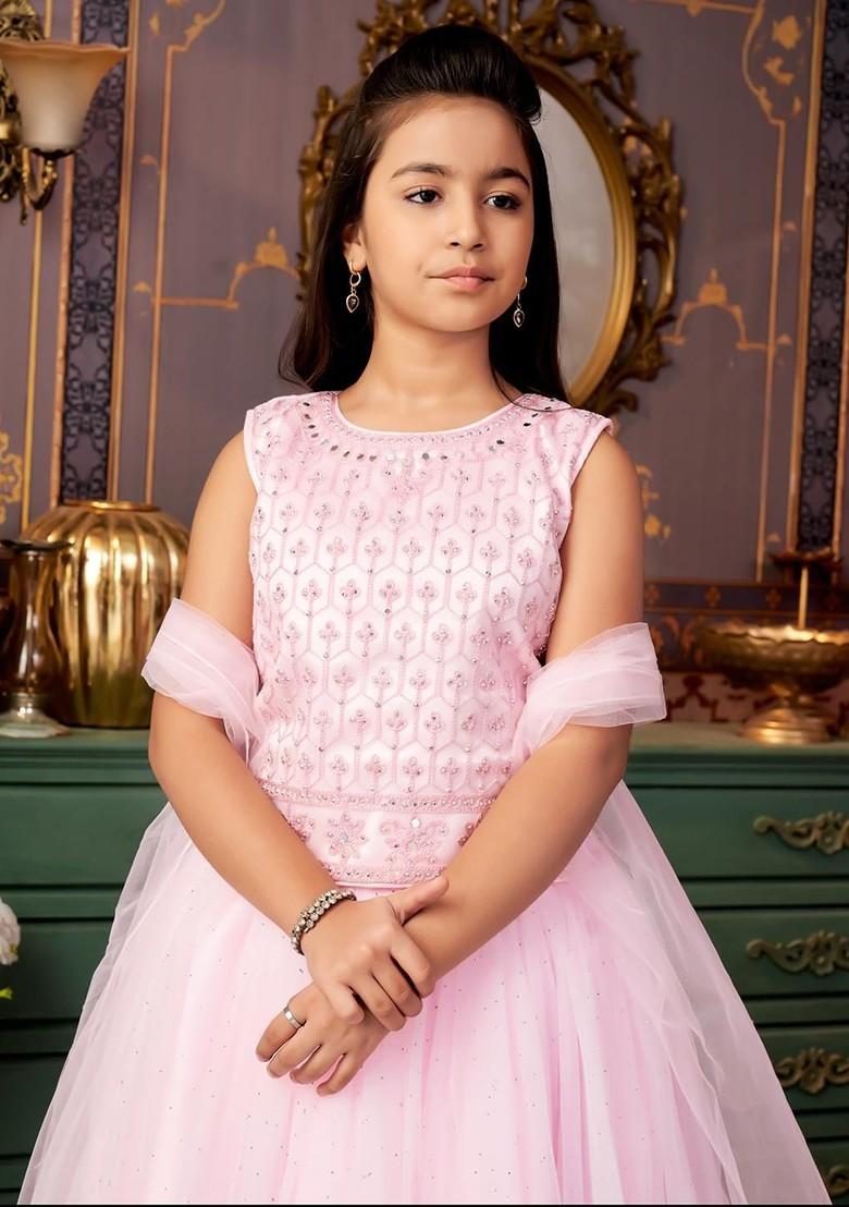 Pink Embroidered Net Lehenga Choli For Girls - Indya