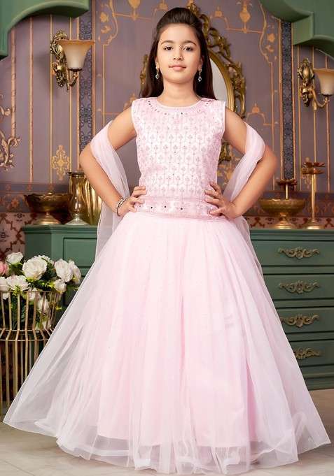 Pink Embroidered Net Lehenga Choli For Girls