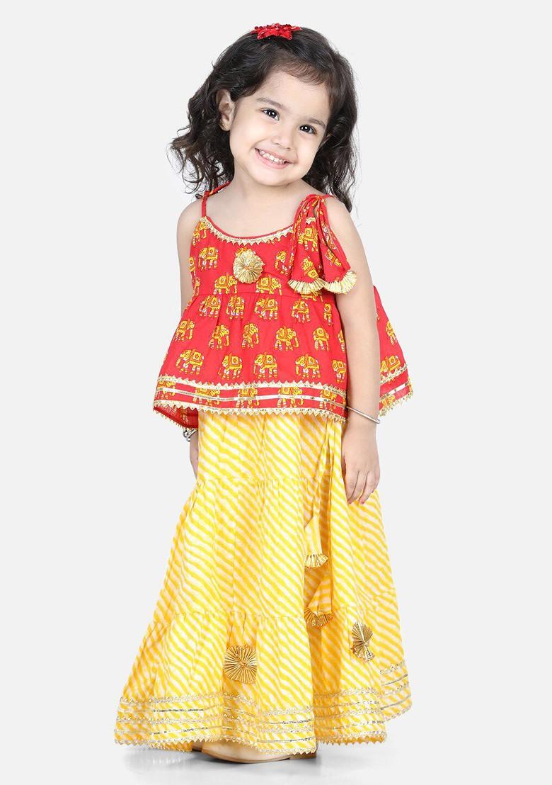 Red Embroidered Cotton Blend Lehenga Choli For Girls - Indya