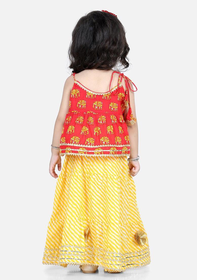 Red Embroidered Cotton Blend Lehenga Choli For Girls - Indya