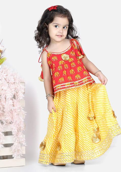 Red Embroidered Cotton Blend Lehenga Choli For Girls