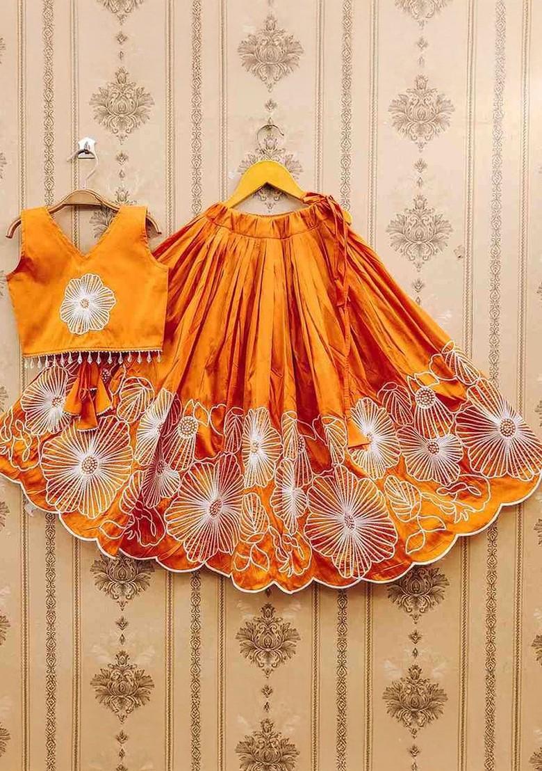 Orange Embroidered Silk Lehenga Choli For Girls - Indya