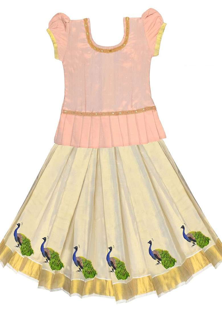 Peach Embellished Blended Lehenga Choli For Girls - Indya