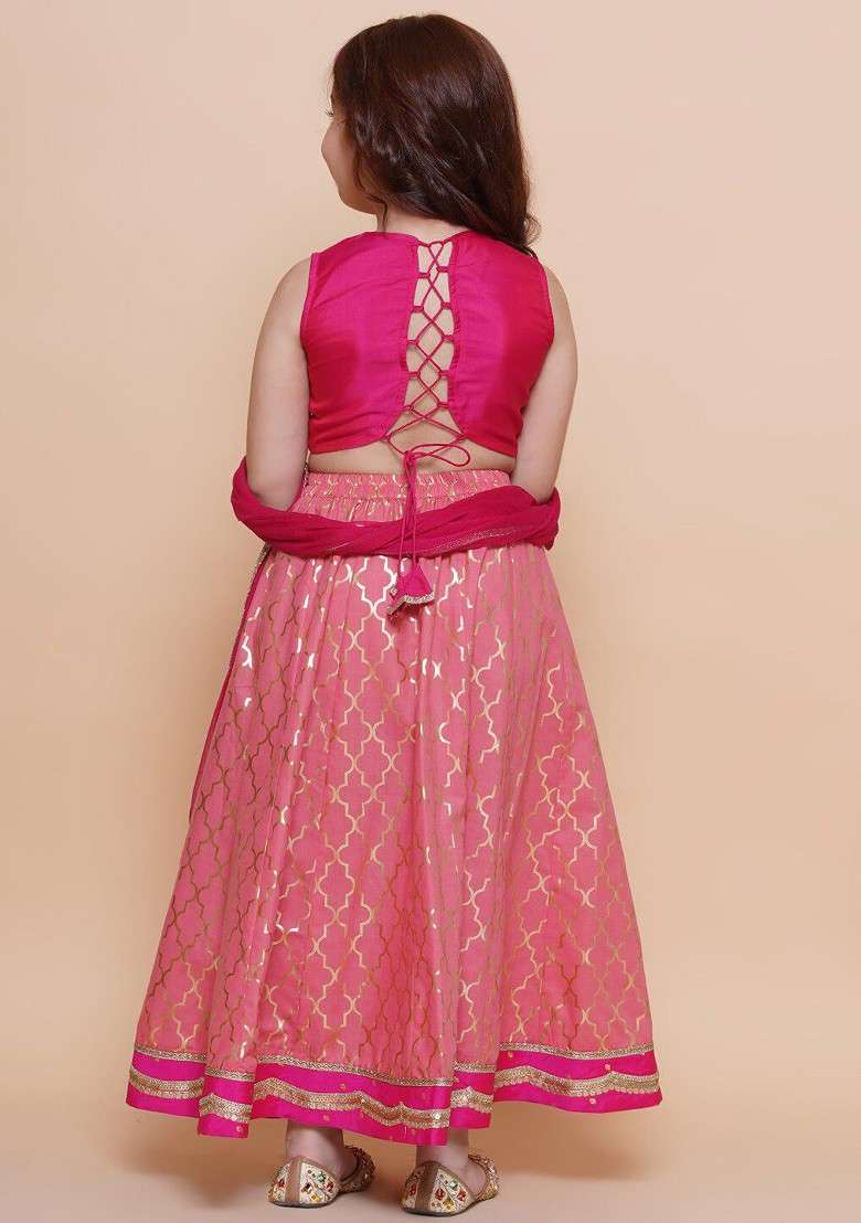Peach Embroidered Blended Lehenga Choli For Girls - Indya