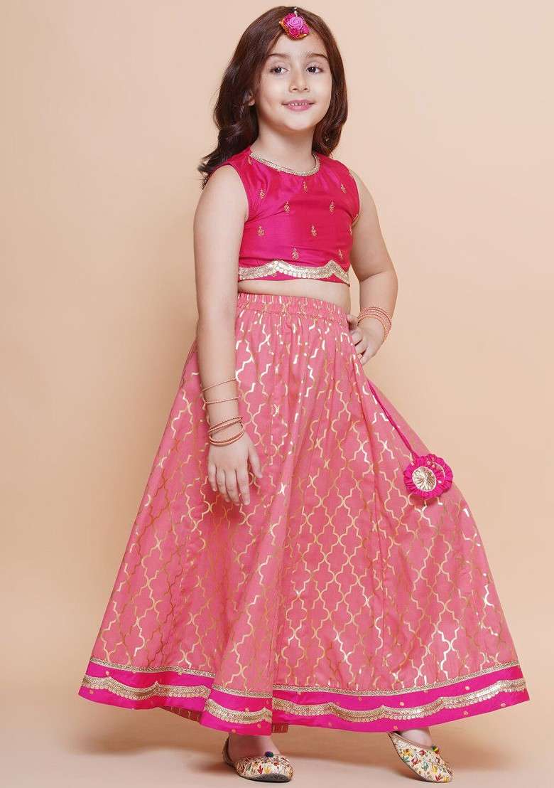 Peach Embroidered Blended Lehenga Choli For Girls - Indya