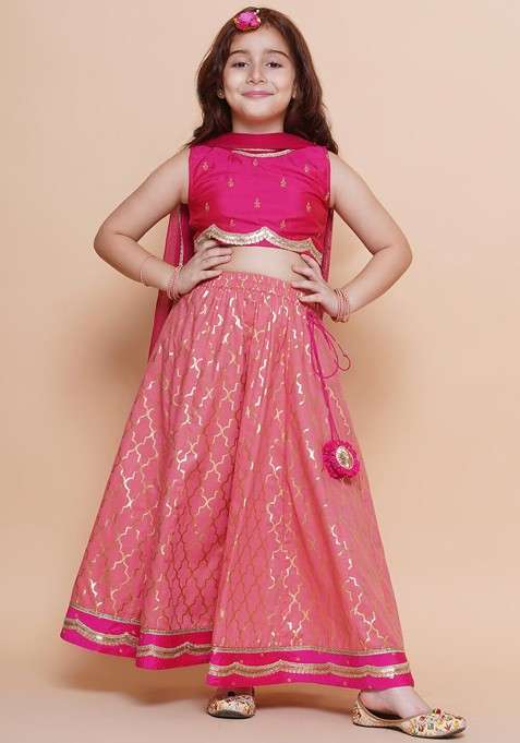 Peach Embroidered Blended Lehenga Choli For Girls