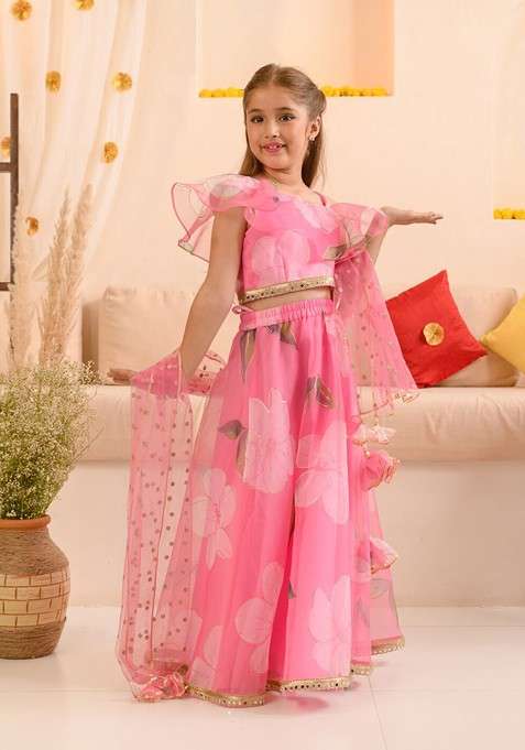 Pink Printed Blended Lehenga Choli For Girls