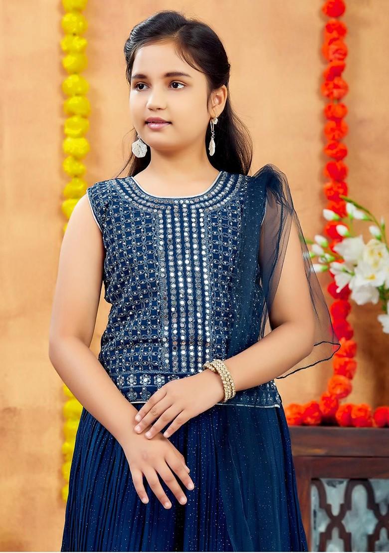 Turquoise Blue Embroidered Georgette Lehenga Choli For Girls - Indya