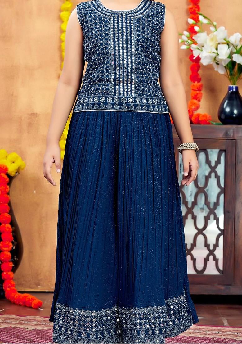 Turquoise Blue Embroidered Georgette Lehenga Choli For Girls - Indya