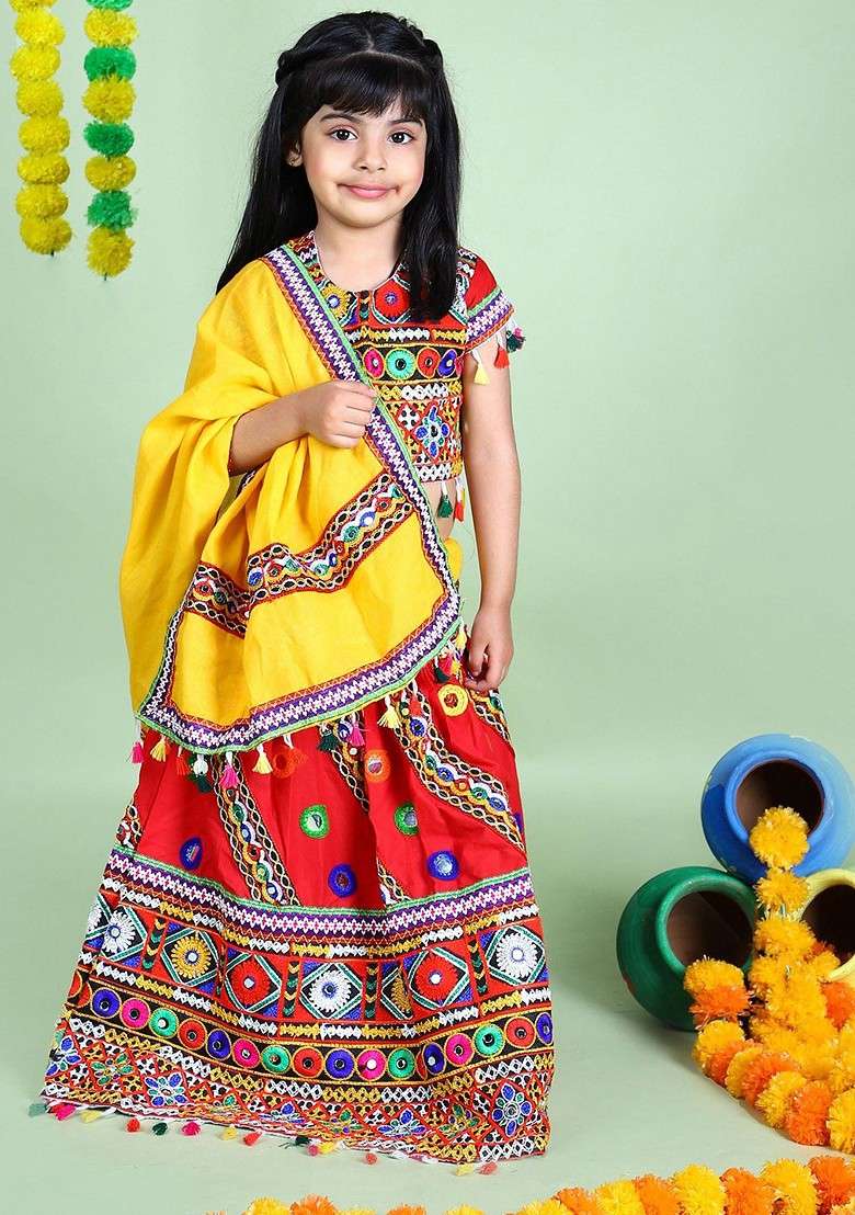 Red Embroidered Blended Lehenga Choli For Girls - Indya