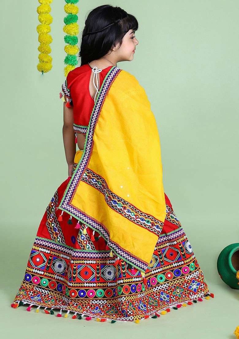 Red Embroidered Blended Lehenga Choli For Girls - Indya