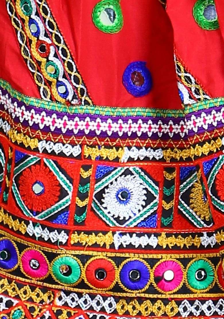 Red Embroidered Blended Lehenga Choli For Girls - Indya