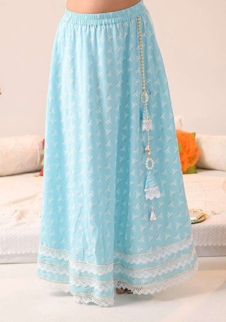 Blue Printed Blended Lehenga Choli For Girls - Indya