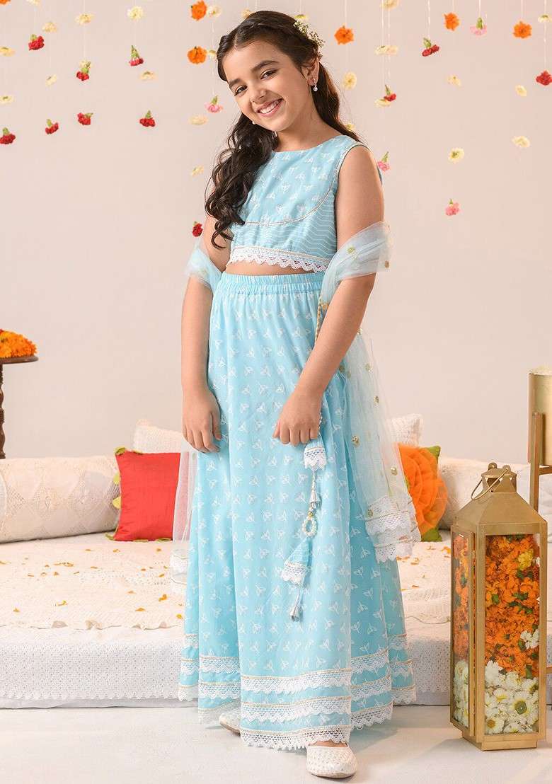 Blue Printed Blended Lehenga Choli For Girls - Indya
