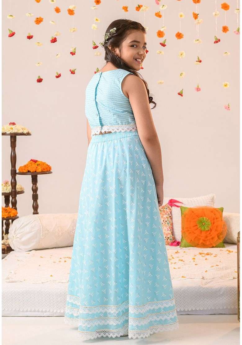 Blue Printed Blended Lehenga Choli For Girls - Indya
